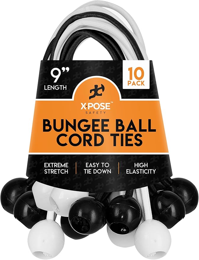 Xpose Safety Bungee Ball Cords 9" 10 Pack Heavy Duty Assorted Colors Black and White Stretch Rope with Ball Ties for Canopies, Tarps, Walls, Cable Organization
