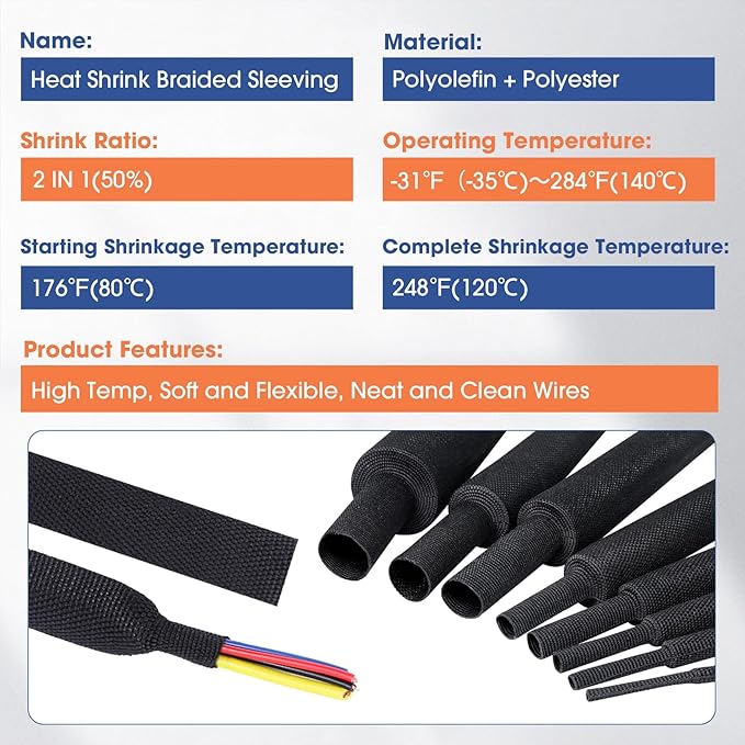 2:1 Heat shrinkable Braided Sleeving Fabric Wire Loom High Temp Heat Shrink Wiring Harness Abrasion Protector Cable Sleeve (2"-27ft)