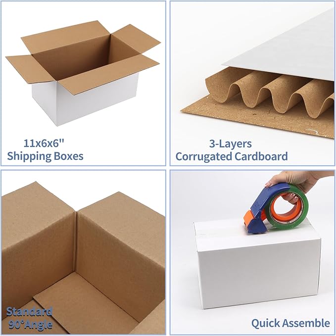 Hoikwo 11x6x6 Shipping Boxes Set of 25, White Corrugated Cardboard Box for Small Business for Packaging Mailing