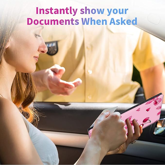 Car Registration and Insurance Card Holder - Pink Bows Cherries Leather Document Organizer & Bifold wallet for License, Insurance Cards | Fits Vehicle Glove Box & Visor