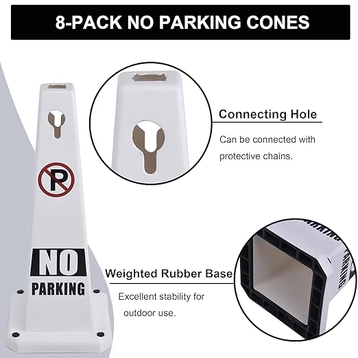 OrangeStar 8-Pack No Parking Cones, 4-Sided Message Safety Traffic Cones with Heavy Rubber Base for Indoor/Outdoor Use, White