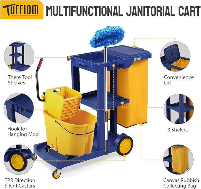 TUFFIOM Commercial Traditional Cleaning 3-Shelf Janitorial Cart, 500 Lbs Capacity Housekeeping Cart, Wheeled with Yellow VinylBag and Cover w Lid, Blue