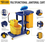 TUFFIOM Commercial Traditional Cleaning 3-Shelf Janitorial Cart, 500 Lbs Capacity Housekeeping Cart, Wheeled with Yellow VinylBag and Cover w Lid, Blue,