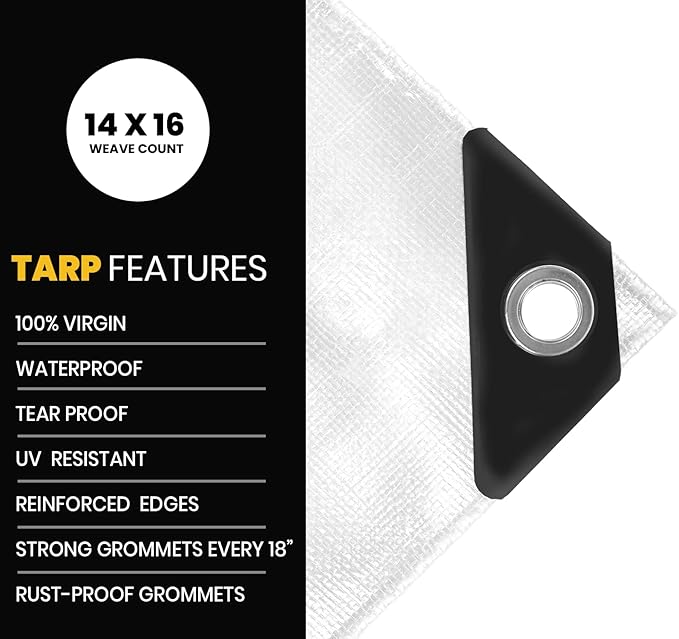 PROTARP Extra Heavy Duty 16 Mil Tarp Cover, Waterproof, UV Resistant, Rip and Tear Proof, Poly Tarpaulin with Reinforced Edges for Roof, Camping, Patio, Pool, Boat. (White 20′ X 20′)