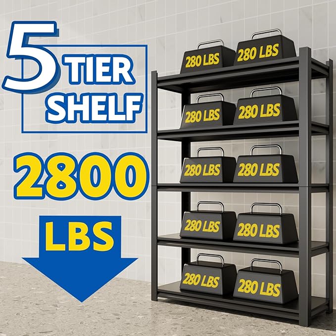 72''H Garage Shelving Heavy Duty,2800LBS Storage Shelves,5-Tier Adjustable Metal Shelve Storage Shelf Rack, Industrial Shelving Unit for Garage, Warehouse, Basement (47" W x 19.7" D x 72" H) 2PC