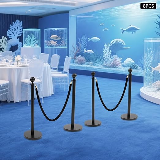 Crowd Control Barriers Black Gold Stanchions Posts, 4 Black Ropes and 8pcs Stainless Steel Poles with Hollow Base, Stanchions with Ropes Set for Airport,Parties,Grand Opening