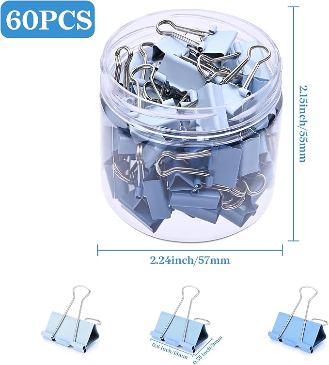 Temiary Aesthetic Binder Clips, 60 Pcs 0.6 Inches Small Metal Binder Clip with Clear Storage Container, Binding Paperwork Clamps for School Teachers Office Supplies (Blue)