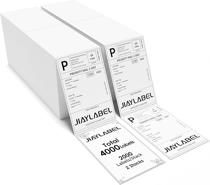 4x6 Thermal Shipping Label Paper for Direct Thermal Label Printer USPS UPS Address Mailing Stickers Big Packing Fanfold White 2000 Labels/Stack,2 Stacks, Total 4000PCS