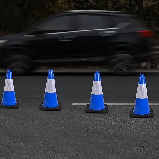 OrangeStar 18" Traffic Cones 4-Pack Blue Safety Cones with Reflective Collars, Heavy Duty Base for Construction, Parking Lot, Road Work, Flexible PVC, Indoor & Outdoor Use