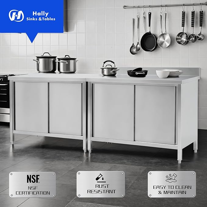 Hally Stainless Steel Cabinet, 30" x 60" NSF Commercial Heavy Duty Prep Workbench with Two Sliding Doors, Large Storage Cabinet, Metal Table for Kitchen, Restaurant, Garage