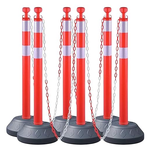 6 Pack Traffic Delineator Post Cones with Plastic Chain Crowd Control Barriers - Expandable 40" Traffic Control Cones, 6 x 6.6 Ft Chains for Indoor & Outdoor Use (Red-Water Filled Base)