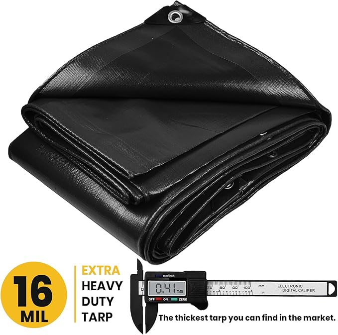 PROTARP Extra Heavy Duty 16 Mil Tarp Cover, Waterproof, UV Resistant, Rip and Tear Proof, Poly Tarpaulin with Reinforced Edges for Roof, Camping, Patio, Pool, Boat. (Black 50′ X 50′)