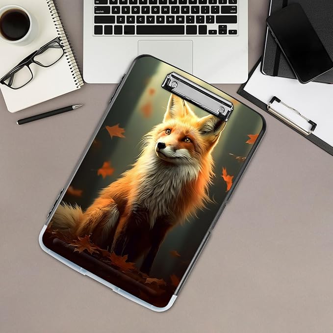 Clipboard with Storage,Office Supplies Nursing Clipboards Folder with Pen Holder Plastic Storage ClipBoard Foldable for Teacher Nurse,Maple Leaf Fox