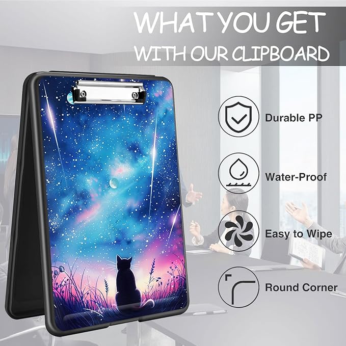 Clipboard with Storage, High Capacity Plastic Storage Clipboard with Pen Holder for for Women Teachers Work, School & Office Supplies, Cute Pattern Decorative Clipboards, Cat Under The Stars