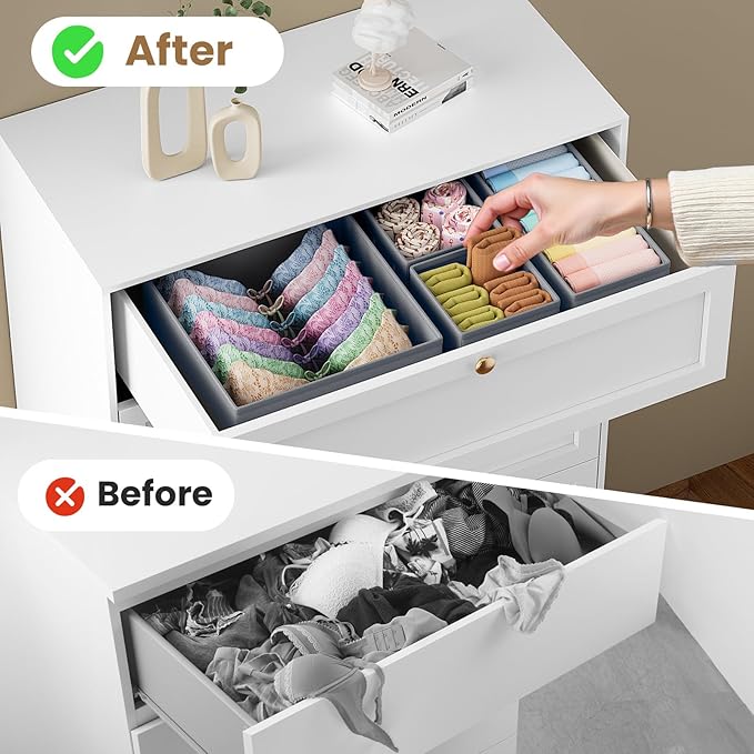 Drawer Organizer Clothes, 24 Pack Drawer Organizers and Underwear Organizer for Nursery, Dividers Clothes Organizer, Closet Organization and Foldable Storage Bins for Socks, Bra, Tie, Grey