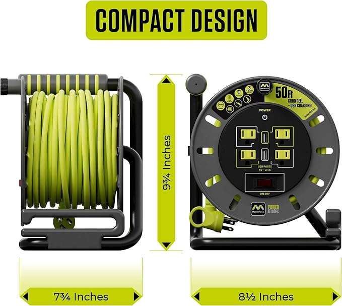 Masterplug 50ft Cord Reel, Retractable Extension Lead with Winding Handle, Safety Overload Circuit Breaker and Power Switch, 4X Grounded Outlets, 2X USB Ports, 13amps, 14AWG Cable