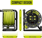 Masterplug 50ft Cord Reel, Retractable Extension Lead with Winding Handle, Safety Overload Circuit Breaker and Power Switch, 4X Grounded Outlets, 2X USB Ports, 13amps, 14AWG Cable