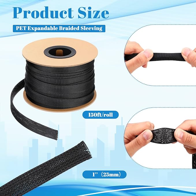 Pangda 150 Feet 1 Inch Wire Loom Pet Expandable Braided Sleeving Braided Sleeve for TV, Computer, Home Theater (Black)