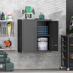 GREATMEET Metal Garage Storage Cabinet with Lock, Metal Wall Cabinets for Garage, Wall Mount Cabinet, Upper Cabinets Wall Mounted, Utility Cabinet with Adjustable Shelf for Home Office, Black