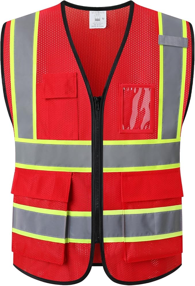 Reflective Mesh Safety Vest for Men Women with 5 Pockets and Zipper Front High Visibility Vest Hi Vis Construction Work Vest,Meets ANSI/ISEA Standards(EK175-Red-L)
