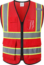 Reflective Mesh Safety Vest for Men Women with 5 Pockets and Zipper Front High Visibility Mesh Vest Hi Vis Construction Work Vest,Meets ANSI/ISEA Standards(EK175-Red-S)