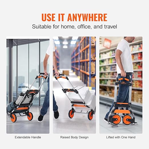 VEVOR Folding Hand Truck and Dolly, 309 Lbs Capacity, Aluminum Foldable Cart, Heavy-Duty Luggage Trolley Cart with Telescoping Handle and PP+TPR Wheels for Home, Office, Shopping, Travel