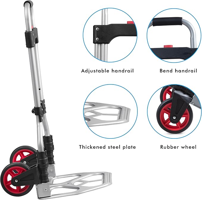 LEADALLWAY Dolly Cart Folding Hand Truck and Dolly,Steel Portable Cart with Telescoping Handle and Nylon+Rubber Wheels 180 lbs Capacity
