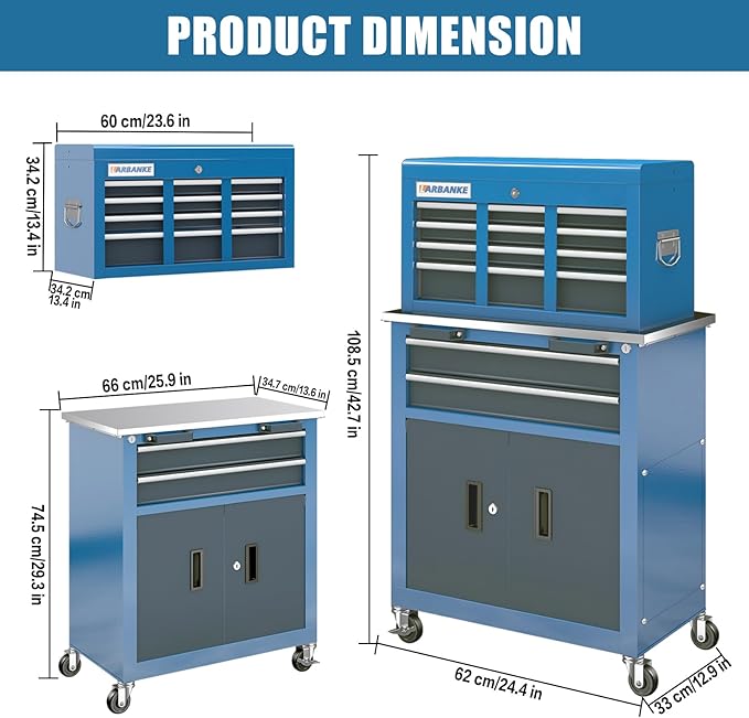 LARBANKE 5-Drawer&8-Drawer Tool Chest combination,with Universal Brake Wheels and Padded Feet,Tool Cabinet with Stainless Tabletop,Rolling Tool Chest Can be Connected Together with Connectiong Buckle