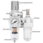 NANPU 1/4" NPT Compressed Air Filter Regulator Lubricator Combo, Water/Oil Trap Separator - Gauge(0-150 psi), Poly Bowl, Semi-Auto Drain, Bracket