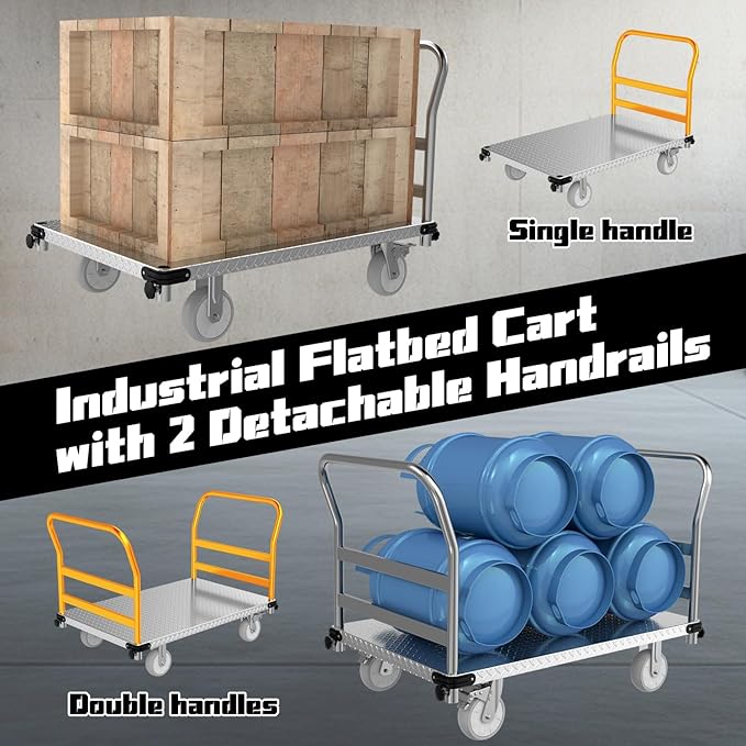 3000LBS Heavy Duty Platform Truck Cart Dolly | 44"x28" 2mm Steel Deck & Reinforced Chassis | 6" TPR Swivel Wheels | Industrial Flatbed Cart for Warehouse, Factory, Logistics