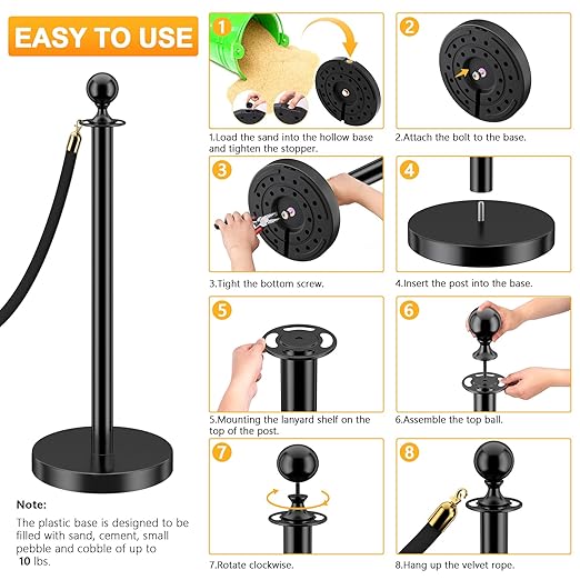 LOVMOR 6PCS Stanchion Post, Crowd Control Barriers, 5 ft Black Velvet Rope Red Carpet Ropes and Poles, Stainless Steel Gold Stanchions Used for Theaters, Parties, Wedding, Exhibition