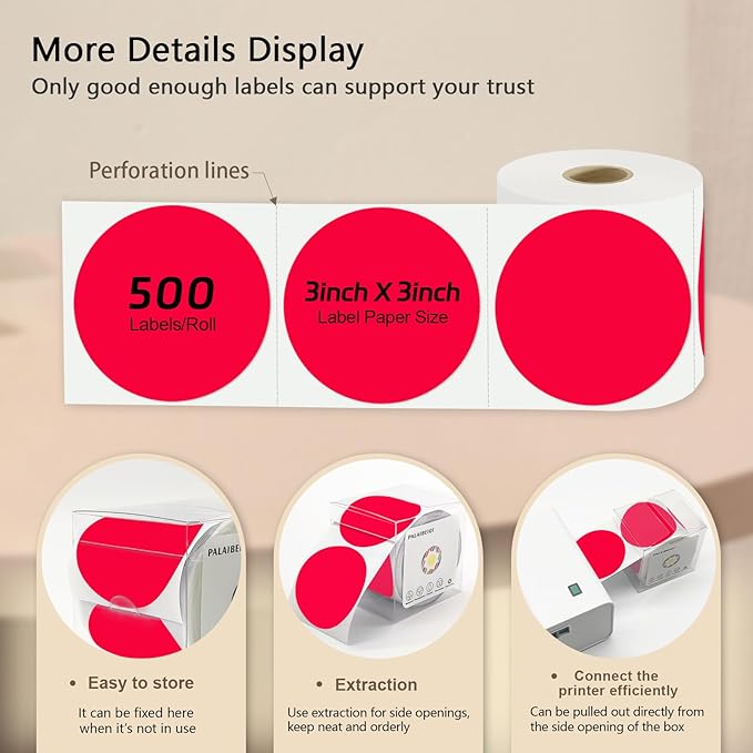3 X 3 Inch Round Thermal Labels Circle Color Coding Labels Printable Waterproof 500PCS Round Stickers Adhesive Writable for Office, Home, Garage, DIY Sticker, Name Tag,Red
