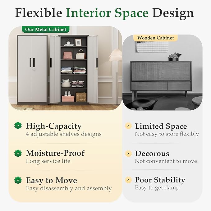 Crownland 63" Metal Storage Cabinet, Lockable Garage Storage Cabinets, High Office Cabinet with Adjustable Shelves for Garage, Home Office, Pantry, File(Grey & Light Grey)
