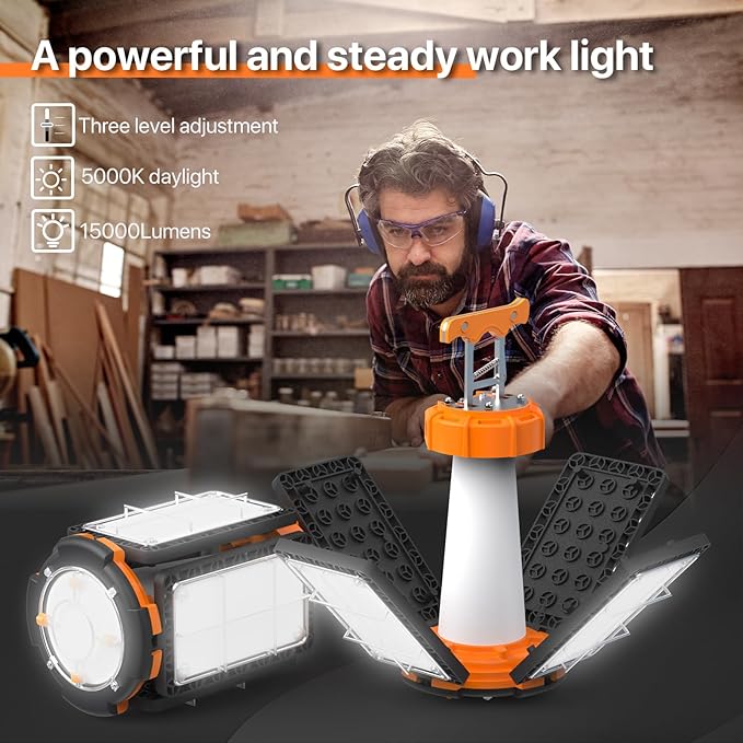 LED Temporary Work Light: 100W 15000Lumen with Brightness Adjustable Switch, 4 Deformable Panels Linkable Hanging Work Light, Portable 5000K Led Work Light for Workshop Construction Site Garage