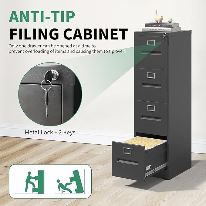 4 Drawer File Cabinet,Black Vertical File Cabinet with Lock for A4/Letter/Legal Size Files,Steel Filing Cabinets for Home Office,Assembly Required