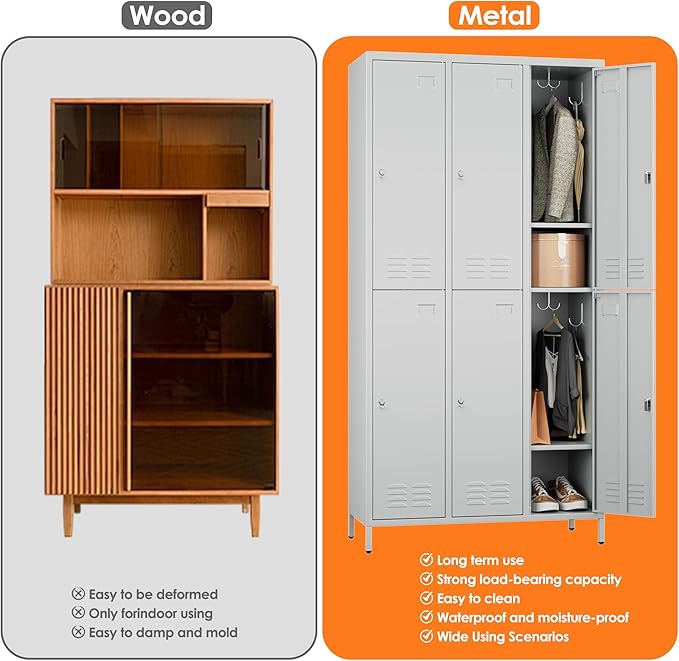 Employees Locker, 72 inch Tall Metal Storage Locker with 6 Doors for School Hospital Garage Gym Home Office with 12 Hooks, Requires Assembly