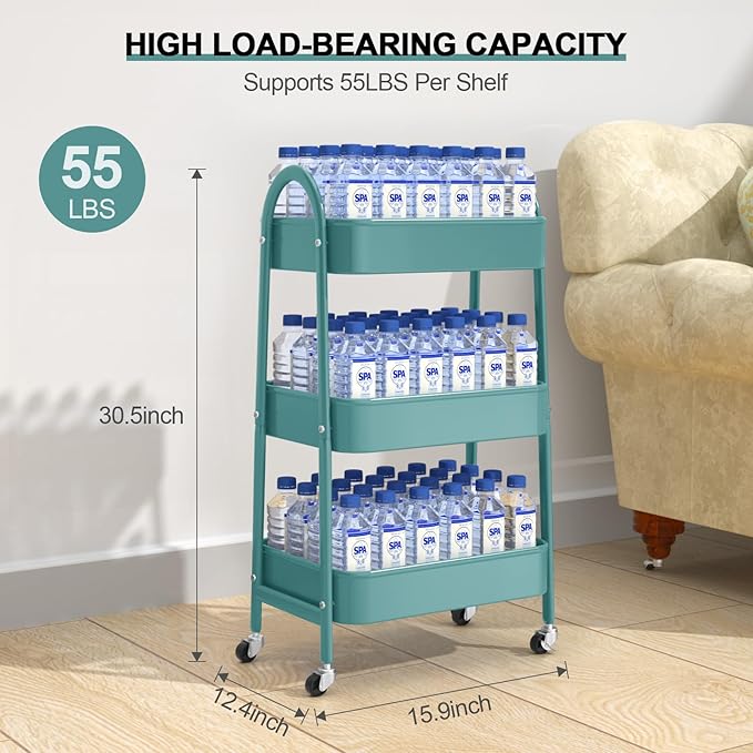 EAGMAK 3 Tier Utility Rolling Cart, Metal Storage Cart with Handle and Lockable Wheels, Multifunctional Storage Organizer Trolley with Mesh Baskets for Kitchen, Living Room, Office, Garage (Green)