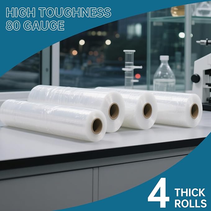 Stretch Film Shrink Wrap Roll 20" x 1500FT, Heavy Duty 80 Gauge Stretch Wrap Roll, Industrial Plastic Wrap for Moving, 800% Stretch for Packing, Pallets, Shipping&Furniture Protection(4 Roll Clear)