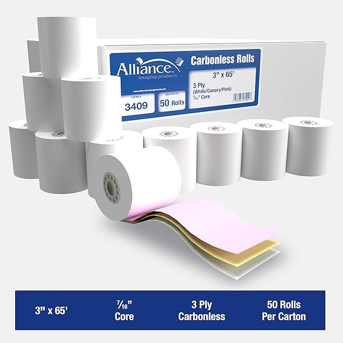 Alliance, Receipt Rolls, Paper, 3" x 65' x 7/16" Core, 3 Ply White/Canary/Pink, 50 Rolls Per Carton