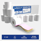 Alliance, Receipt Rolls, Paper, 3" x 65' x 7/16" Core, 3 Ply White/Canary/Pink, 50 Rolls Per Carton