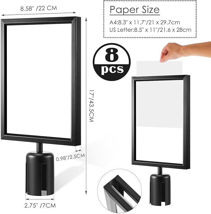 Taiyin 8 Pcs Stanchion Sign Holder Double Sided Sign Frame with Cover Stanchion Top Frames for 8.58 x 12.52 Inches Paper Size for Crowd Control Sentry Stanchions (Black)