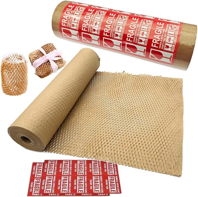 Honeycomb Packing Paper 12" W x 220' L Packing Paper for Moving Products & Gifts Honeycomb Wrapping Paper Recyclable and Biodegradable Cushioning Packing Material with 20 Fragile Stickers