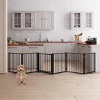 6 Panels Full Metal Freestanding Dog Gates with Door, 120” W x 24” H Folding Pet Gate Fence with Support Feet for Indoor,Stairs, Hallways and Doorways(Black)
