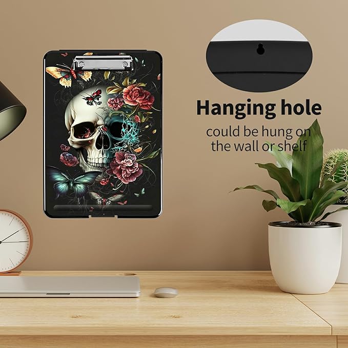 A4 Clipboards,Heavy Duty Waterproof Nursing Plastic Folder Clipboard with Storage Clip Boards,File Folder Storage Box Clipboard Case for Teacher,Doctor,Offices,Butterfly Skull Flower