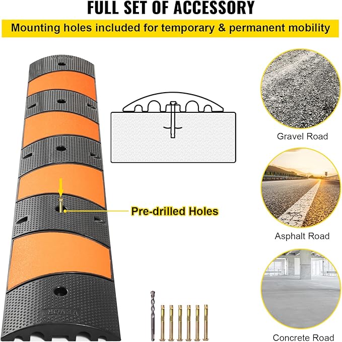 VEVOR Rubber Speed Bump, 1 Pack 2 Channel Speed Bump Hump, 72.8" Long Modular Speed Bump Rated 22000 LBS Load Capacity, 72.8 x 12.2 x 2.2 Garage Speed Bump for Asphalt Concrete Gravel Driveway-6 FT