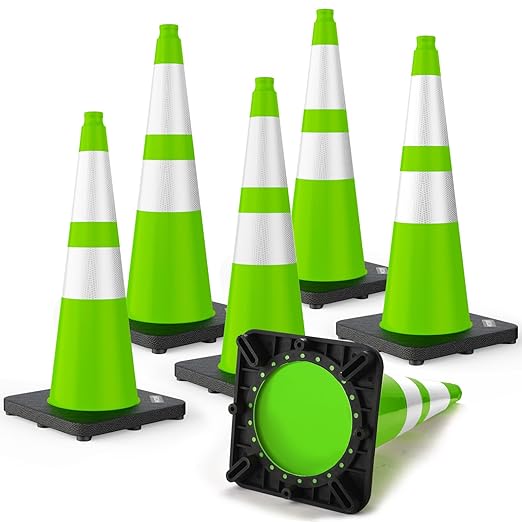 BATTIFE 28 Inch Traffic Cones with Black Weighted Base, PVC Green Safety Cones for Traffic Control, Construction Events, Driveways, and Parking Lots (6 Pack)