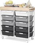 10 Drawers Rolling Cart with Wooden Tabletop, Utility Storage Cart with Wheels, Art Supply Craft Organizer on Wheel with Metal Frame & Handles for Home Office School,Grey