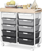 10 Drawers Rolling Cart with Wooden Tabletop, Utility Storage Cart with Wheels, Art Supply Craft Organizer on Wheel with Metal Frame & Handles for Home Office School,Grey