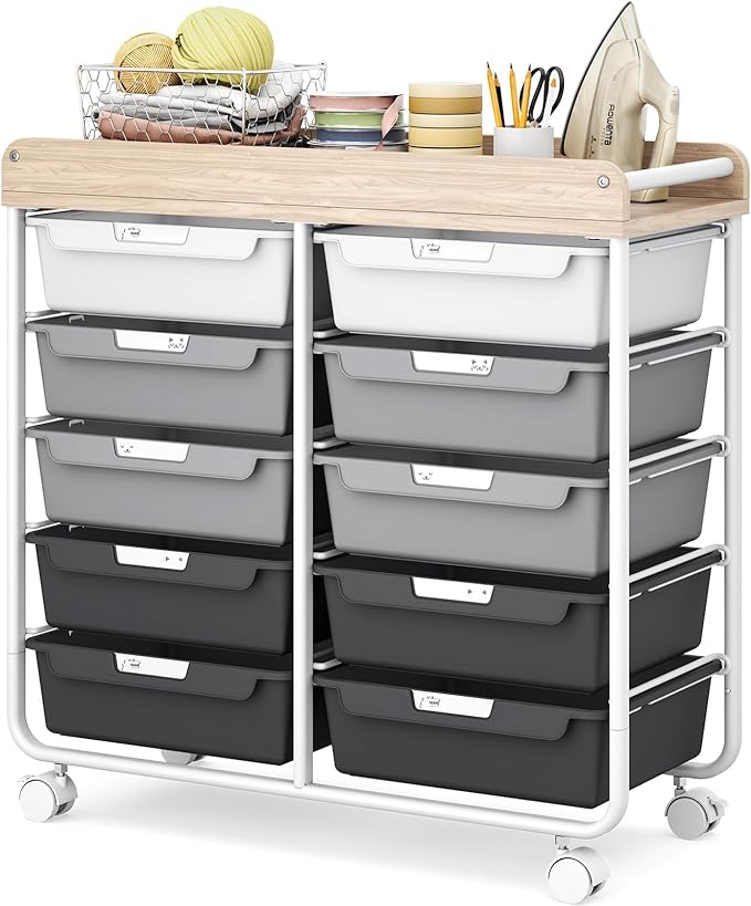 10 Drawers Rolling Cart with Wooden Tabletop, Utility Storage Cart with Wheels, Art Supply Craft Organizer on Wheel with Metal Frame & Handles for Home Office School,Grey