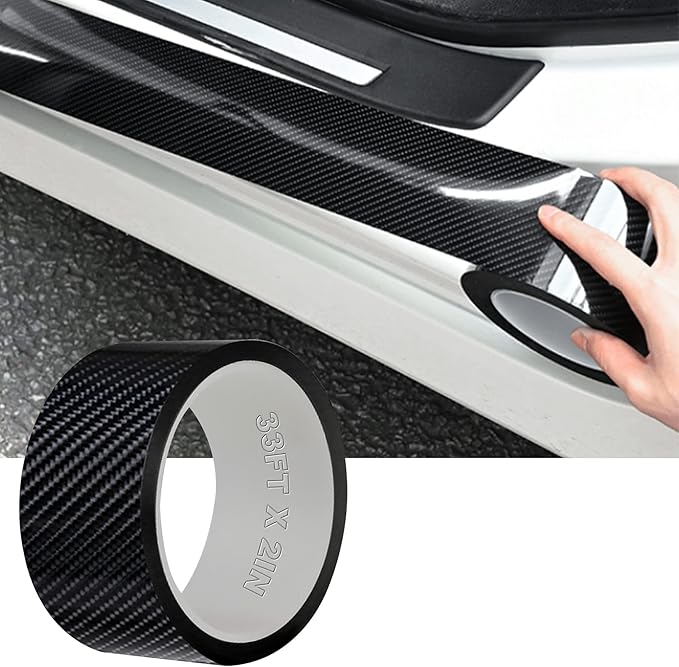 MYFAMIREA Car Door Edge Guards Carbon Fiber, 5D Gloss Black Vinyl Automotive Entry Sill Protector Wrap Film, Universal Self-Adhesive Auto Door Trim Strips Anti-Collision (33Ft x 2In)